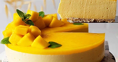 Kreminio sūrio ir mangų tortas (cheesecake)