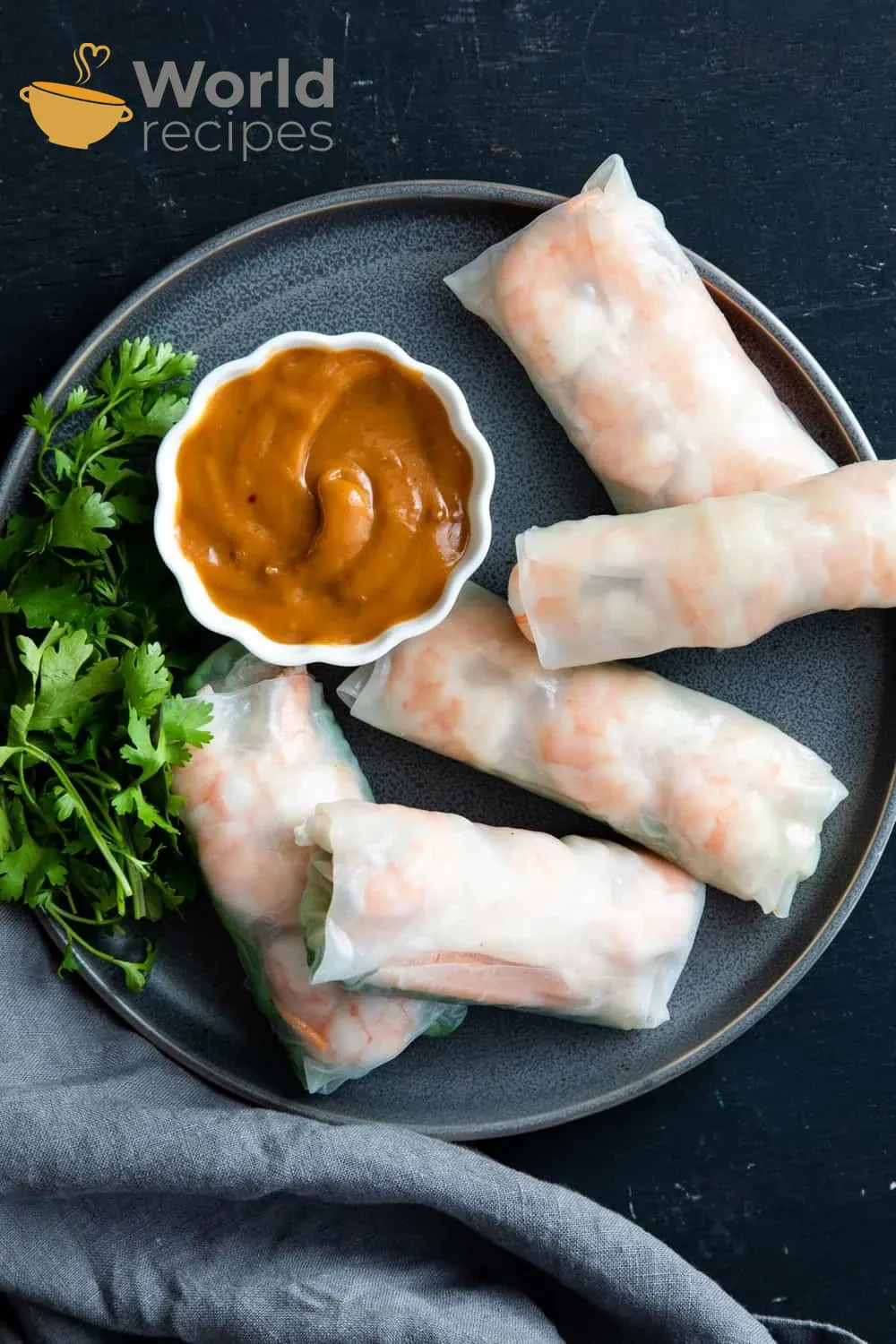 Paprasti spring rolls su krevetėmis, daržovėmis ir sojų padažu