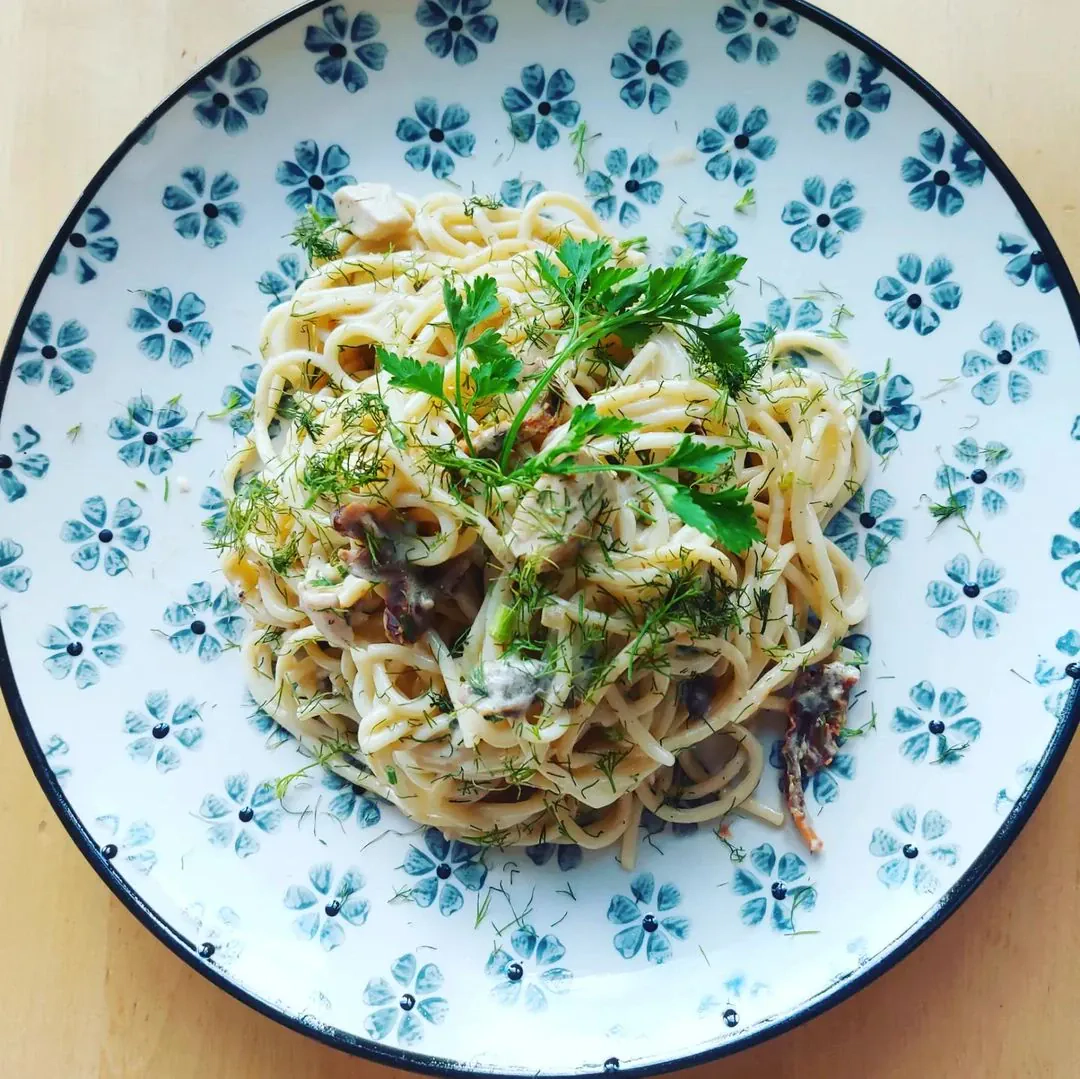 Makaronai su vištiena ir shiitake grybais