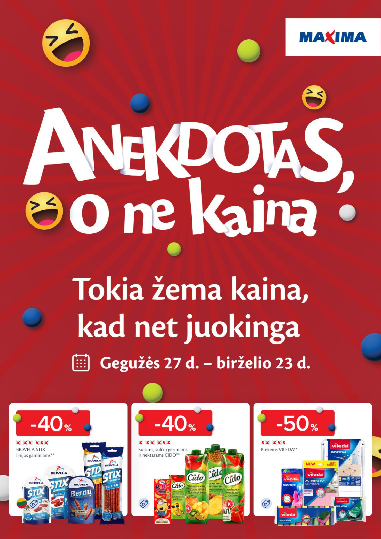 MAXIMA akcijų leidinys "Anekdotas, o ne kaina" galioja 2025.05.27 - 2025.06.23